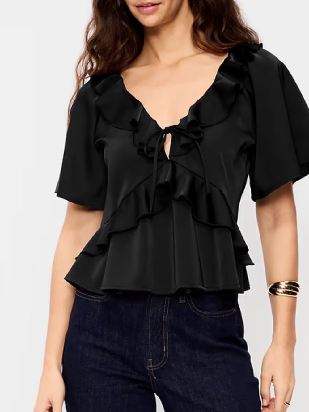 NWOT Old Navy Front Tie Black Tiered Blouse